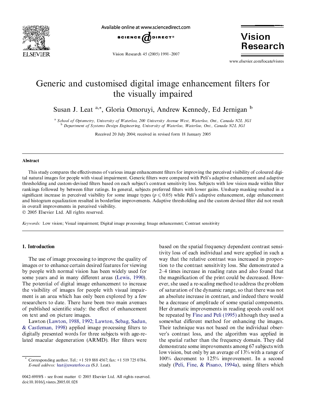 Generic and customised digital image enhancement filters for the visually impaired