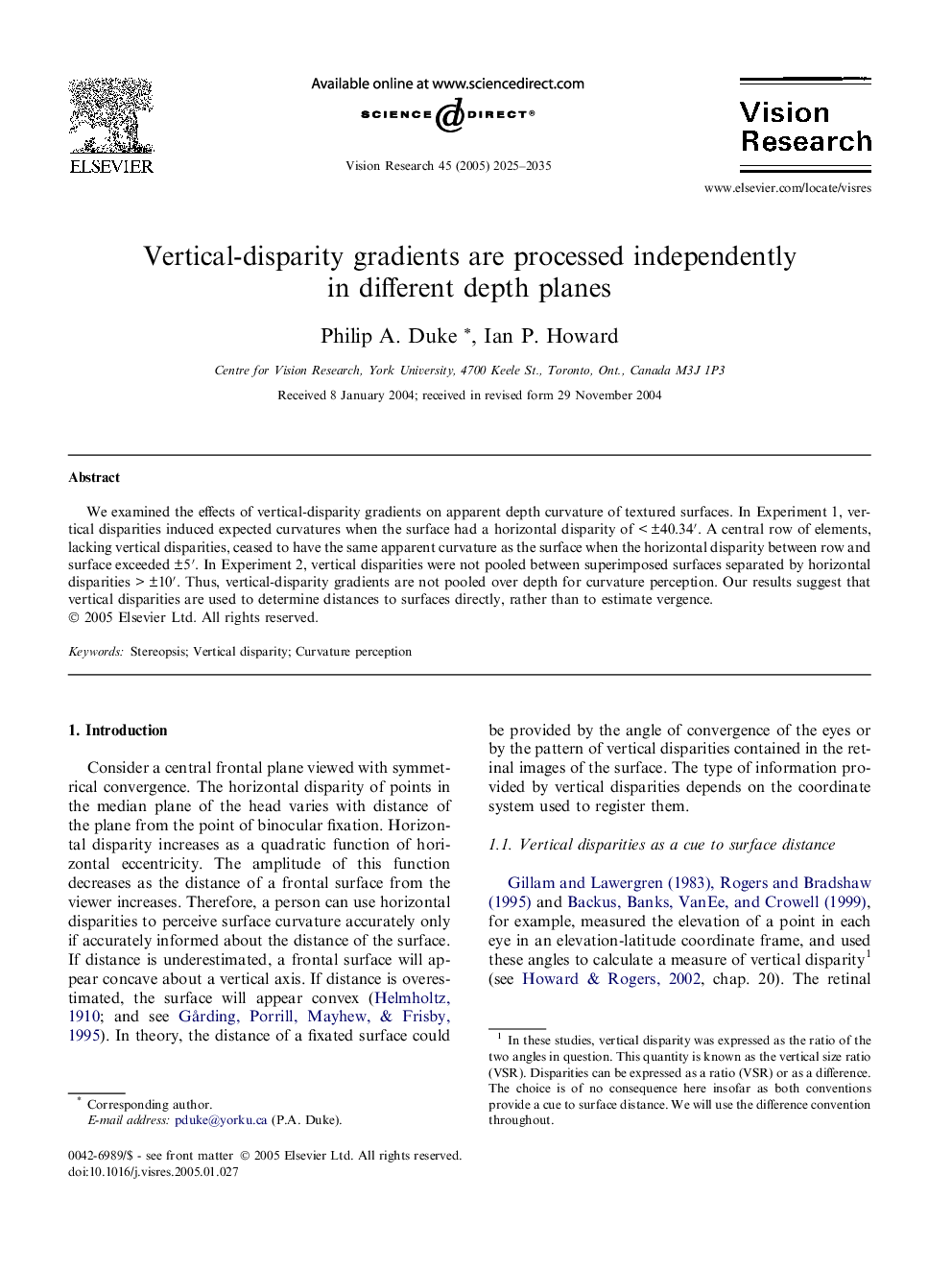 Vertical-disparity gradients are processed independently in different depth planes