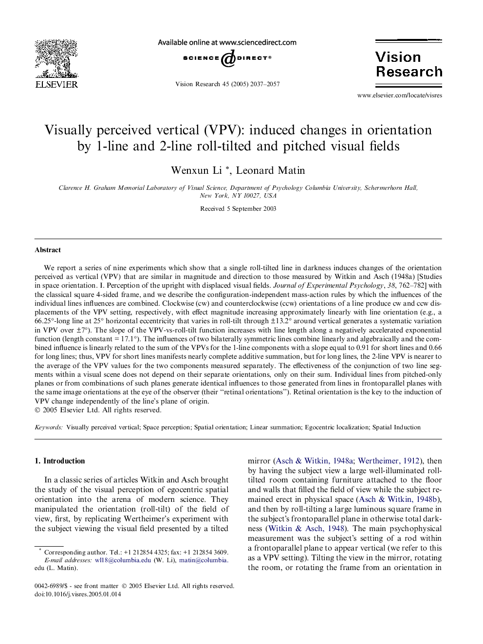 Visually perceived vertical (VPV): induced changes in orientation by 1-line and 2-line roll-tilted and pitched visual fields