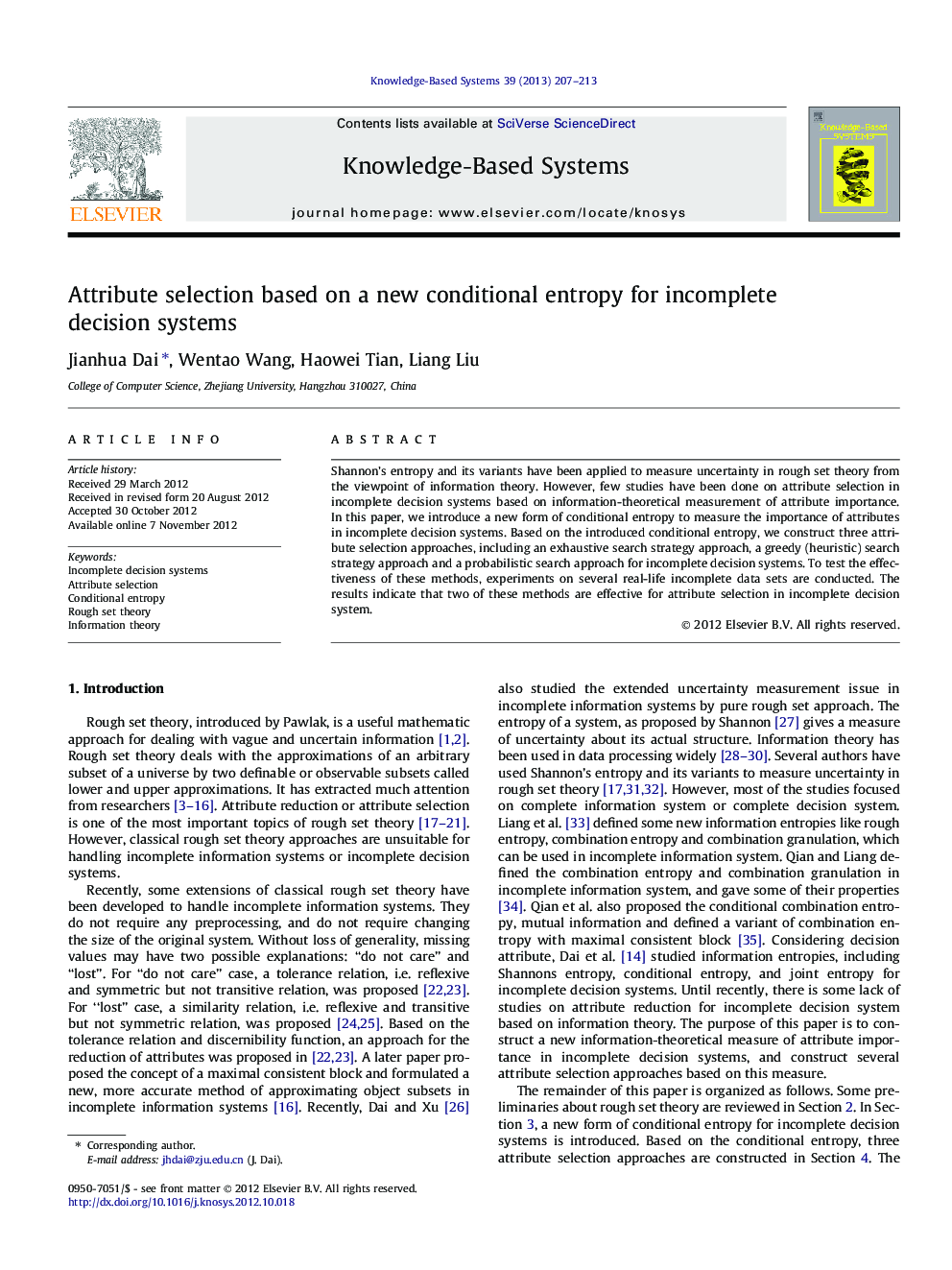 Attribute selection based on a new conditional entropy for incomplete decision systems