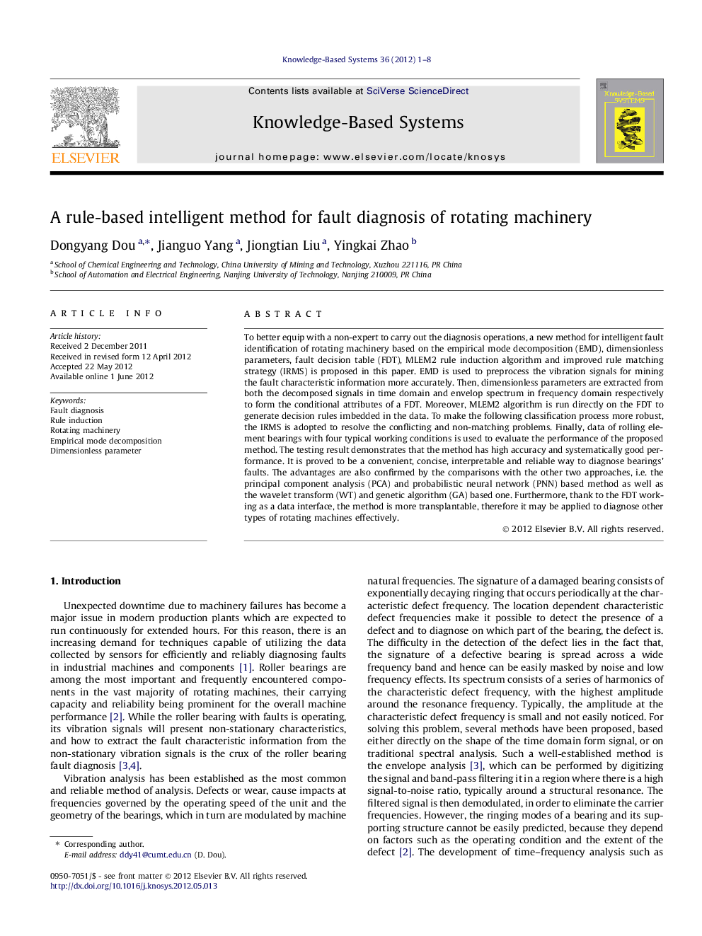 A rule-based intelligent method for fault diagnosis of rotating machinery