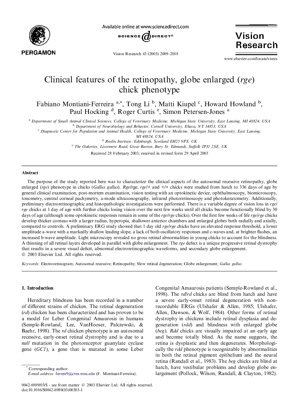 Clinical features of the retinopathy, globe enlarged (rge) chick phenotype