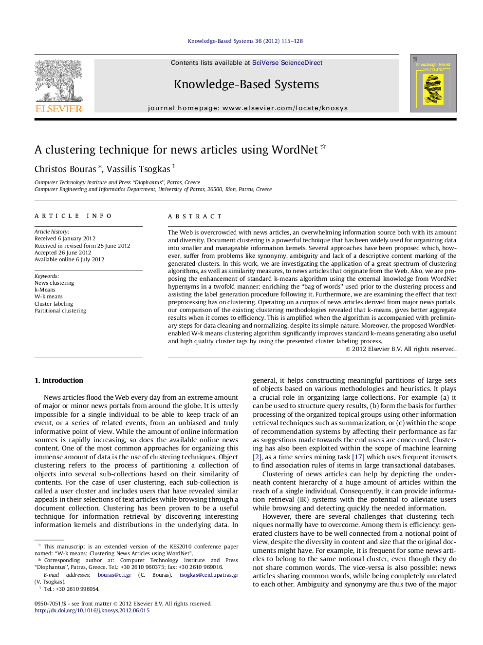 A clustering technique for news articles using WordNet 