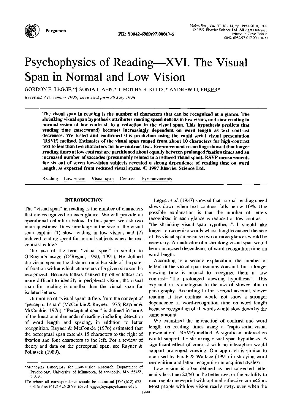Psychophysics of reading—XVI. The visual span in normal and low vision