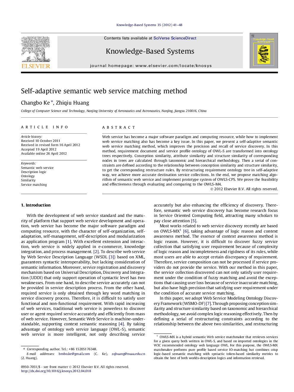 Self-adaptive semantic web service matching method