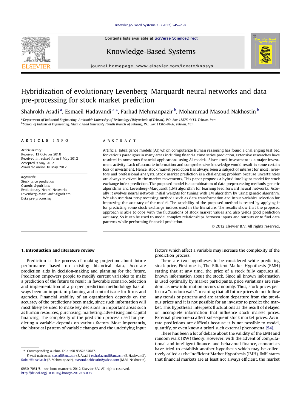 Hybridization of evolutionary Levenberg–Marquardt neural networks and data pre-processing for stock market prediction