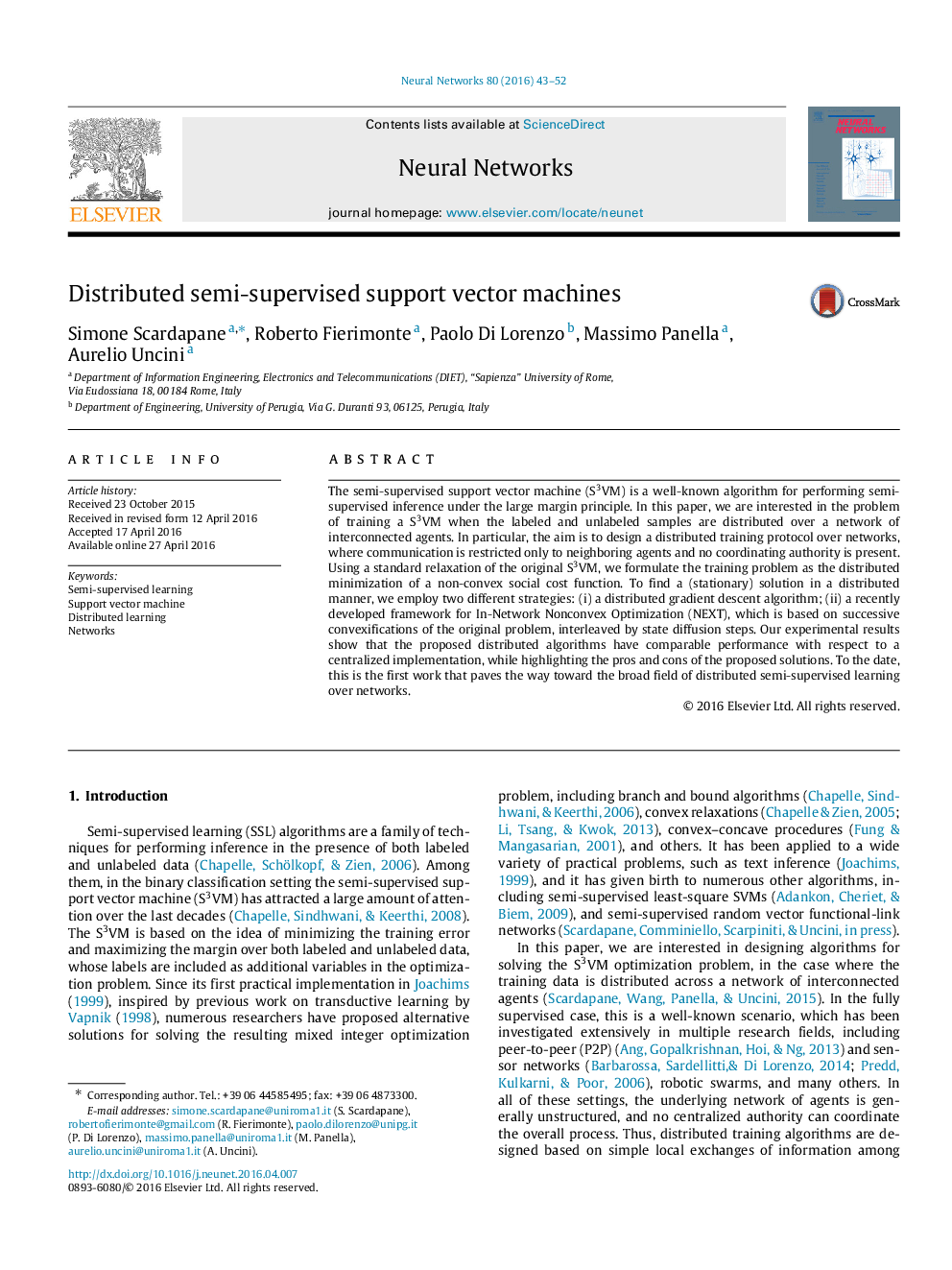 Distributed semi-supervised support vector machines