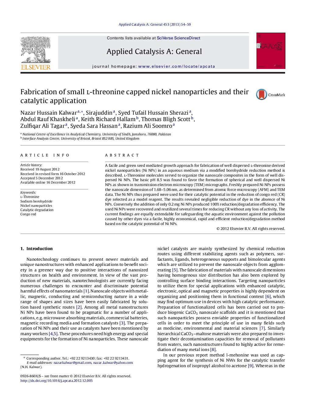 Fabrication of small l-threonine capped nickel nanoparticles and their catalytic application