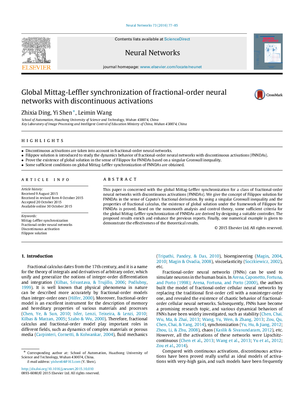 عکس صفحه اول مقاله: Global Mittag-Leffler synchronization of fractional-order neural networks with discontinuous activations Global Mittag-Leffler synchronization of fractional-order neural networks with discontinuous activations