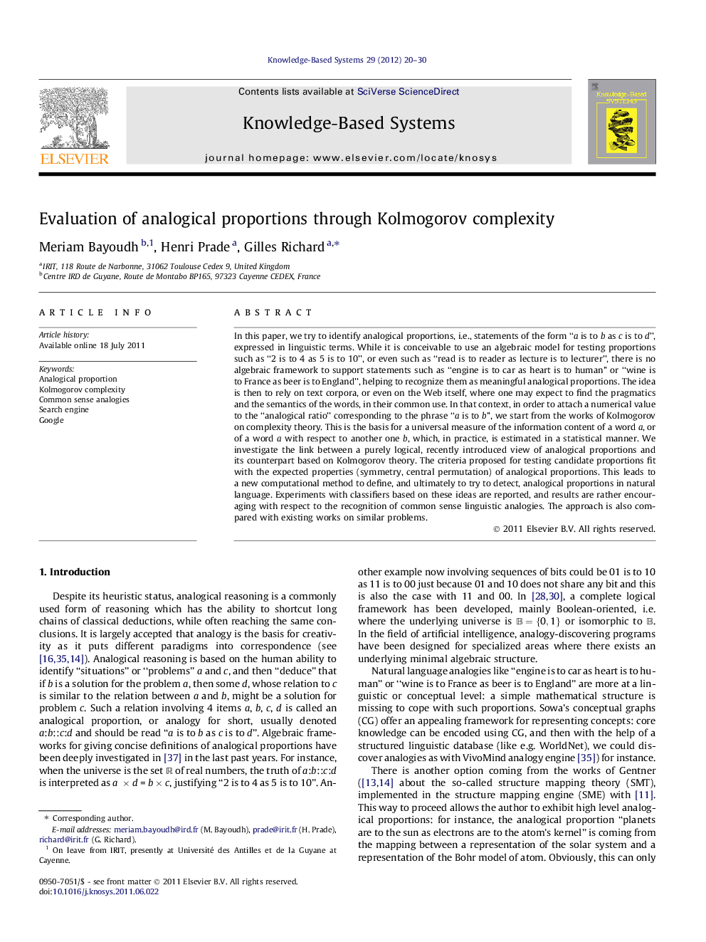 Evaluation of analogical proportions through Kolmogorov complexity