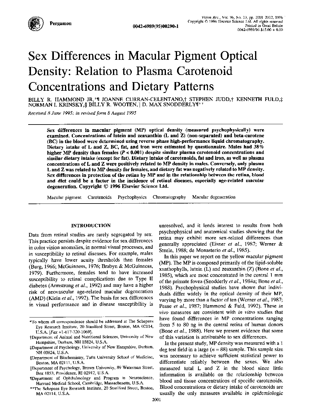 Sex Differences in Macular Pigment Optical Density:: Relation to Plasma Carotenoid Concentrations and Dietary Patterns