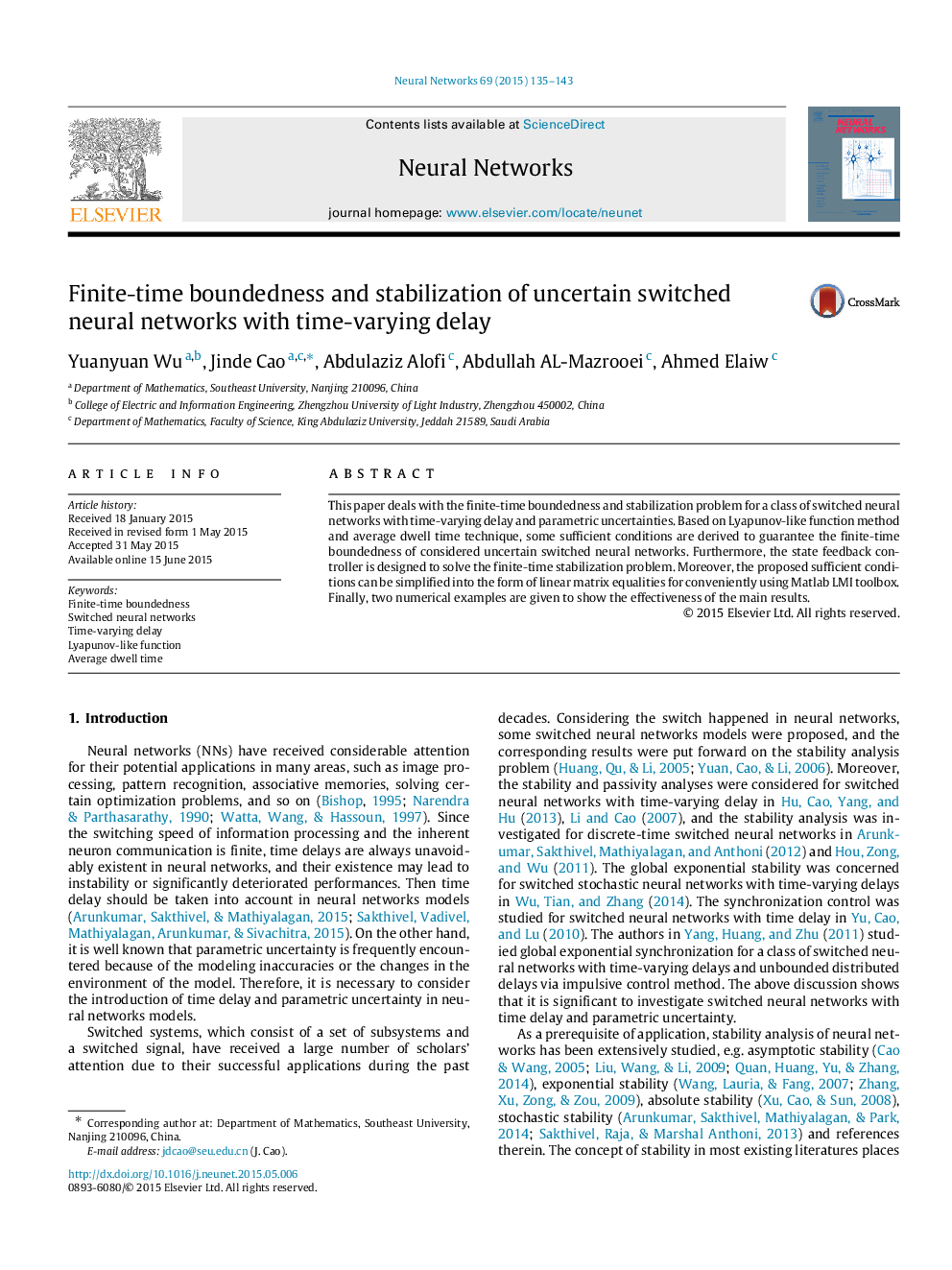 Finite-time boundedness and stabilization of uncertain switched neural networks with time-varying delay