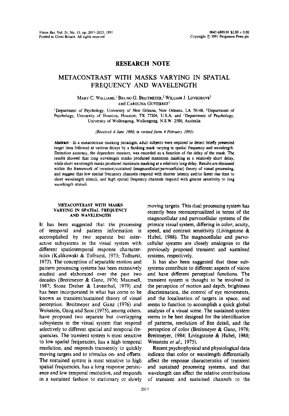 Metacontrast with masks varying in spatial frequency and wavelength