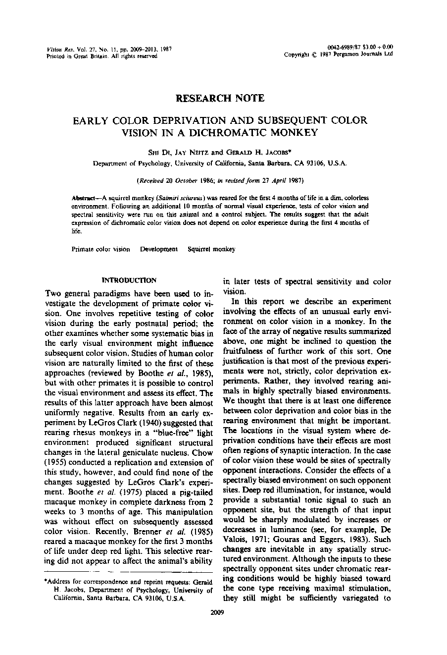 Early color deprivation and subsequent color vision in a dichromatic monkey