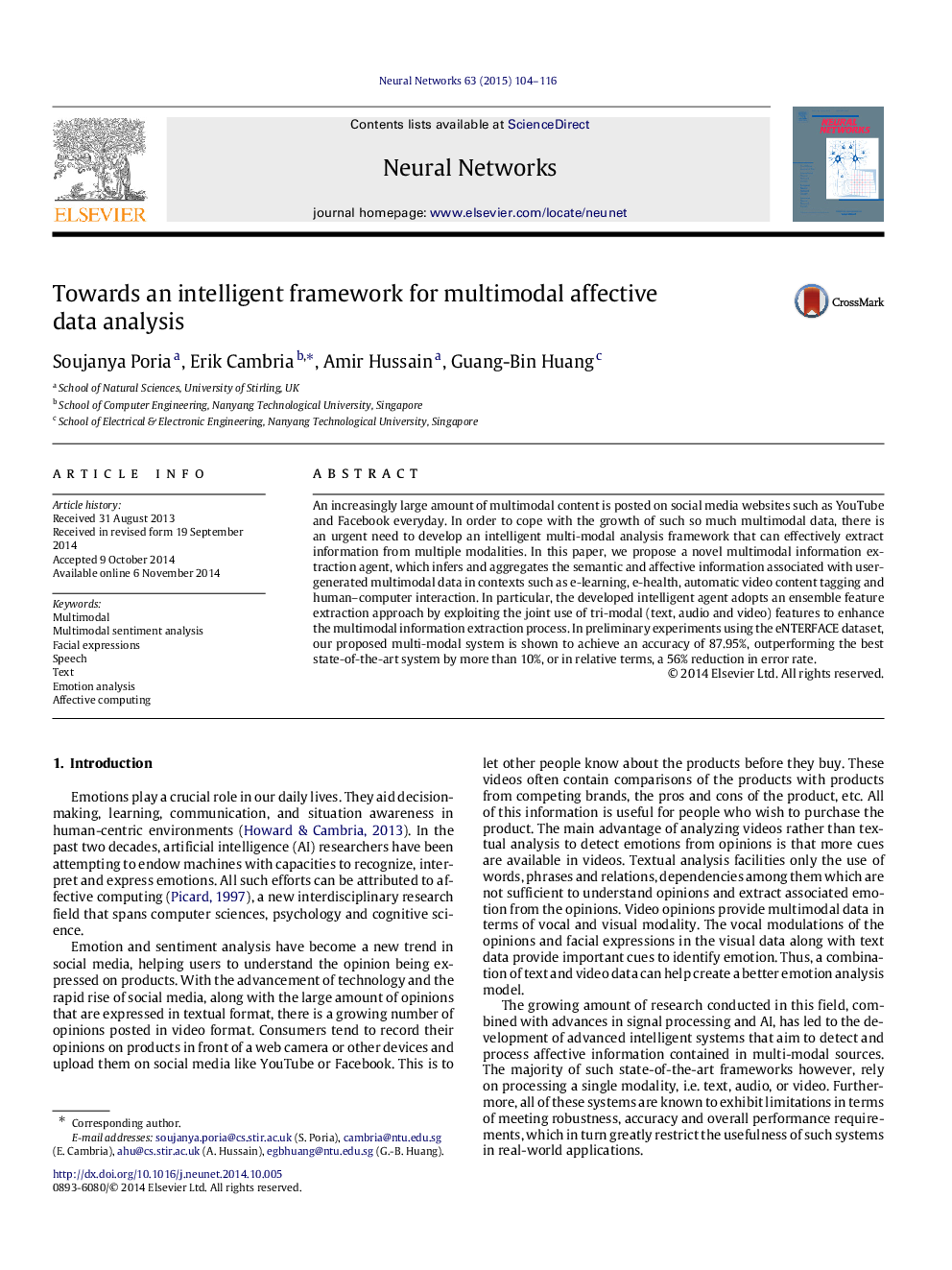 Towards an intelligent framework for multimodal affective data analysis