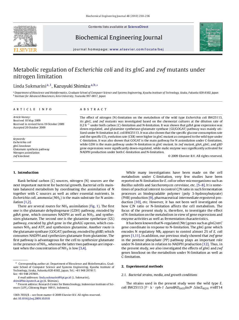 Metabolic regulation of Escherichia coli and its glnG and zwf mutants under nitrogen limitation