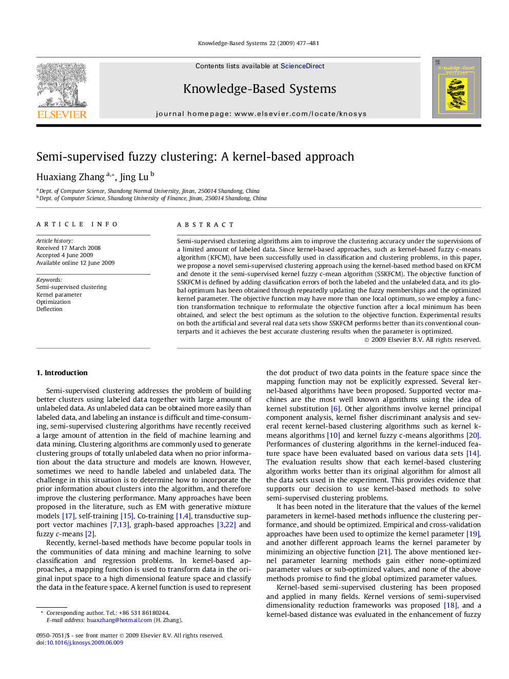 Semi-supervised fuzzy clustering: A kernel-based approach