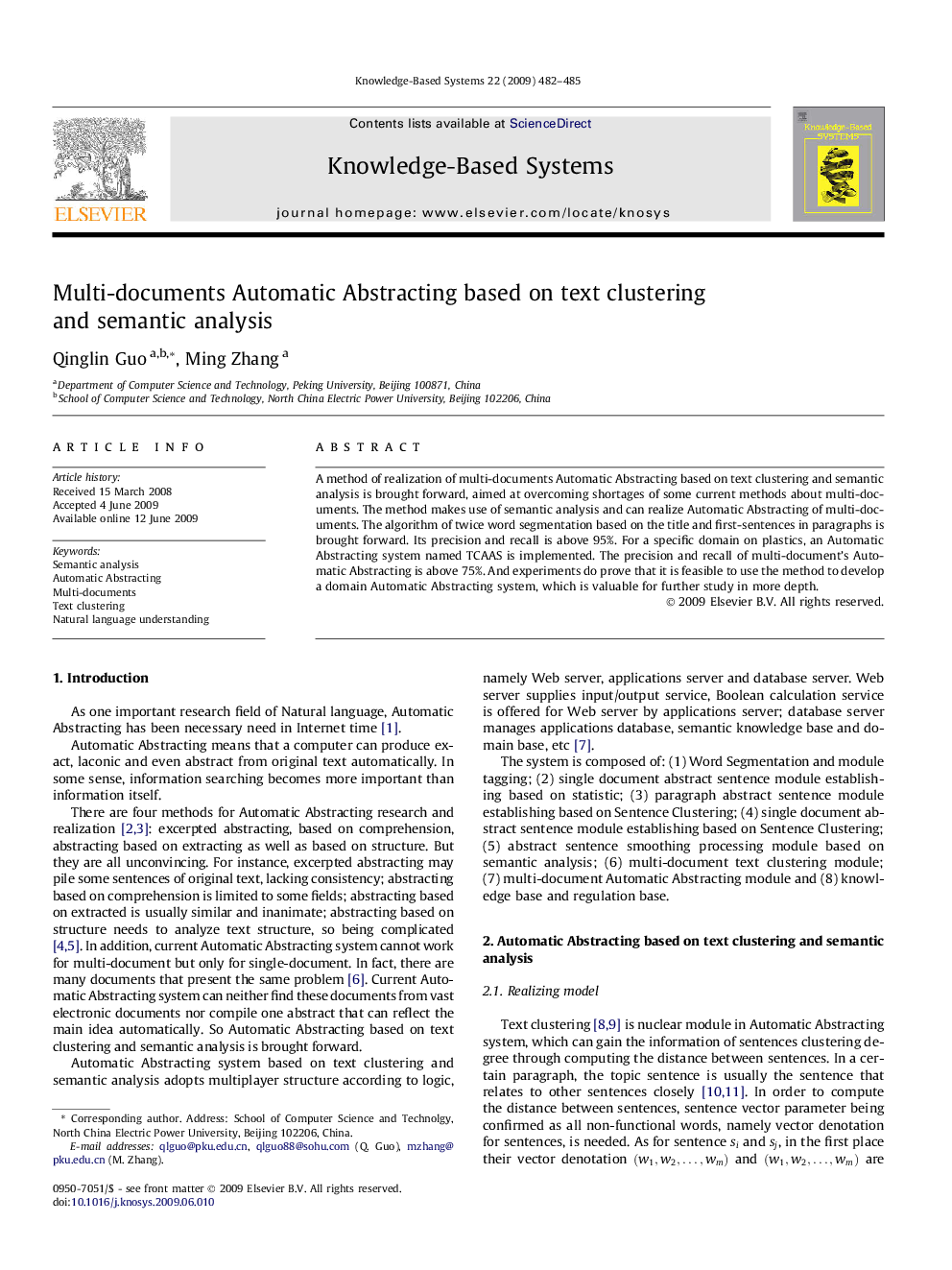 Multi-documents Automatic Abstracting based on text clustering and semantic analysis