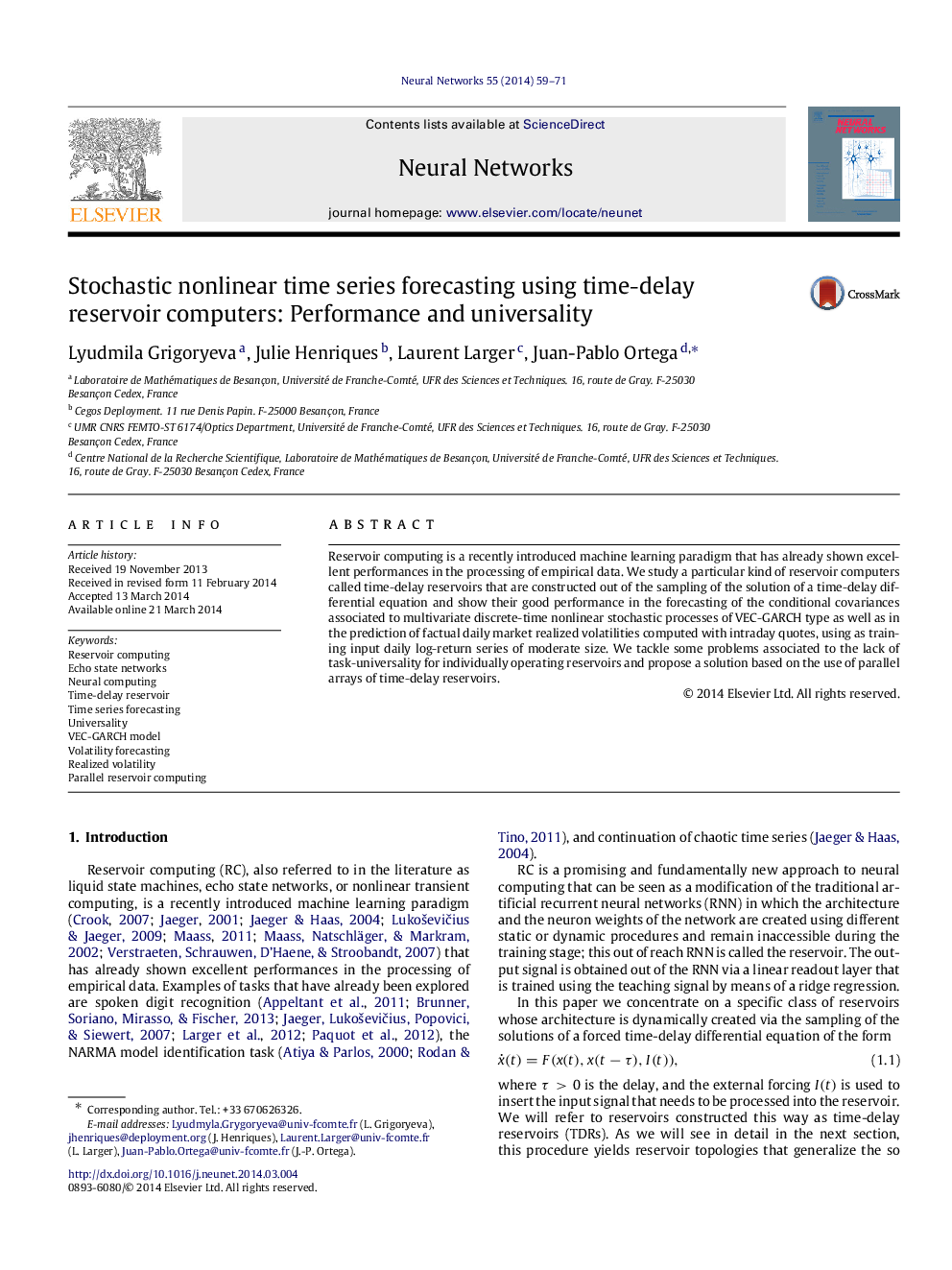 Stochastic nonlinear time series forecasting using time-delay reservoir computers: Performance and universality