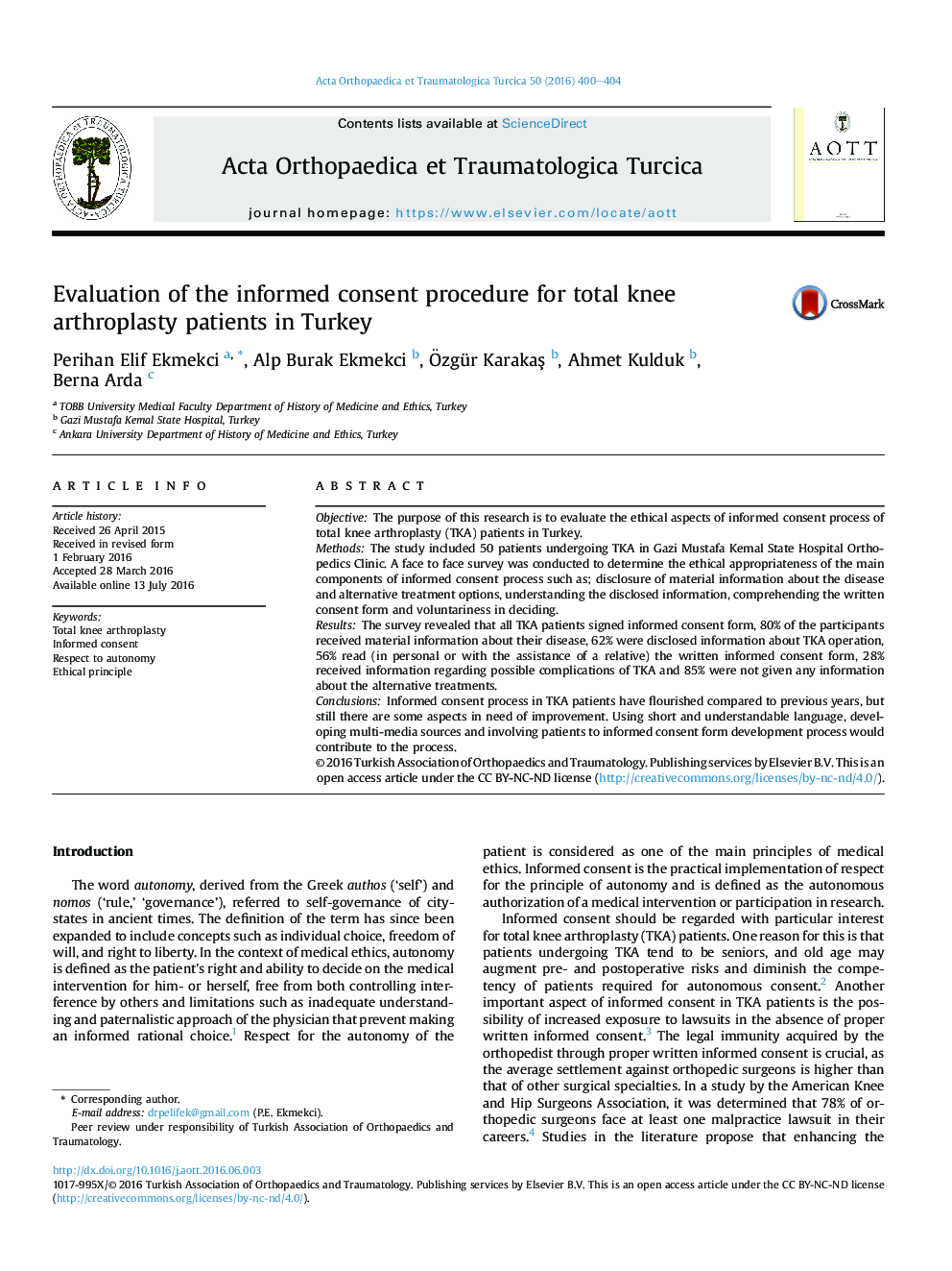 ارزیابی روش رضایت آگاهانه برای بیماران آرتروپلاستی کل زانو در ترکیه 