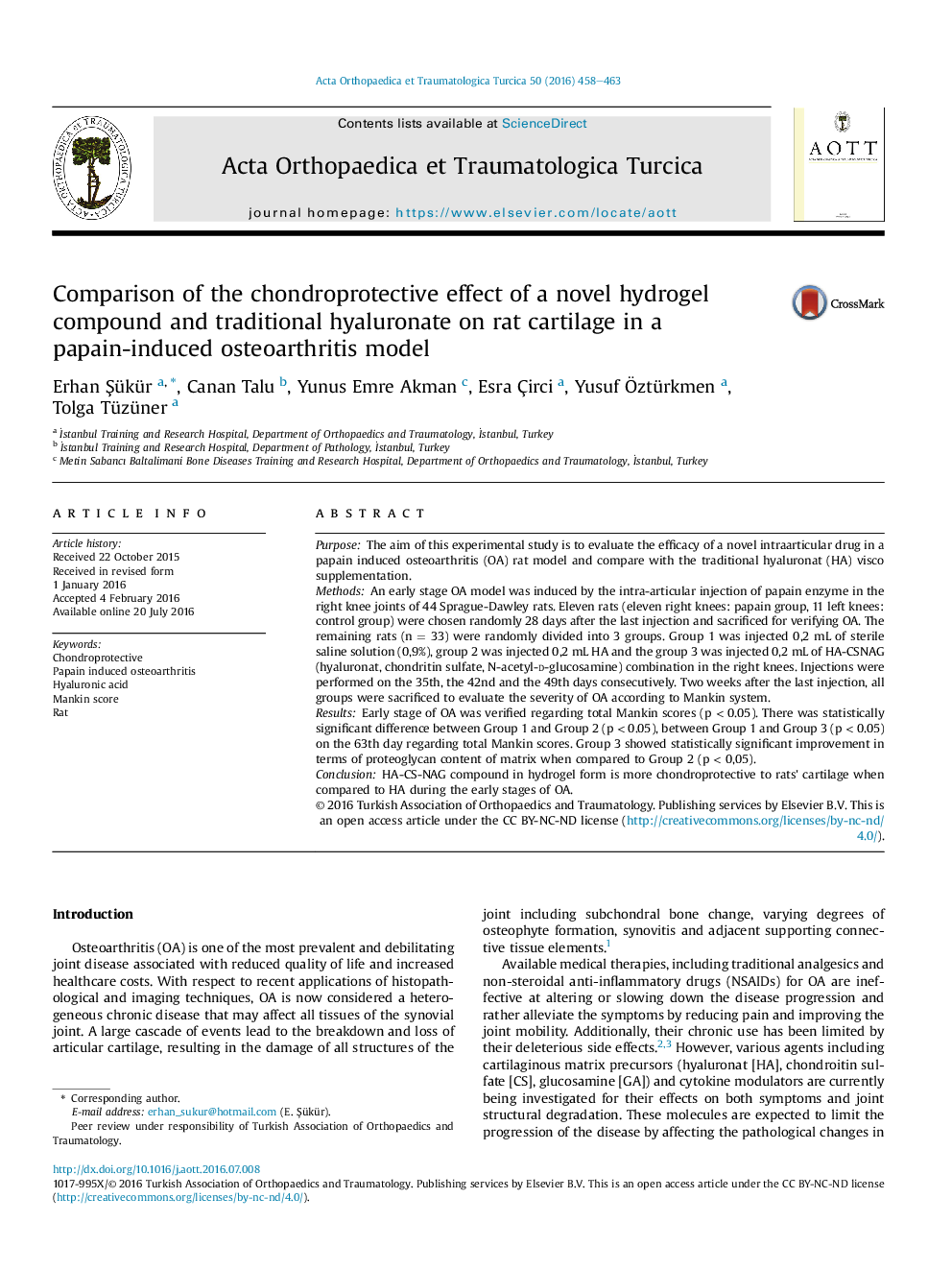 Comparison of the chondroprotective effect of a novel hydrogel compound and traditional hyaluronate on rat cartilage in a papain-induced osteoarthritis model 