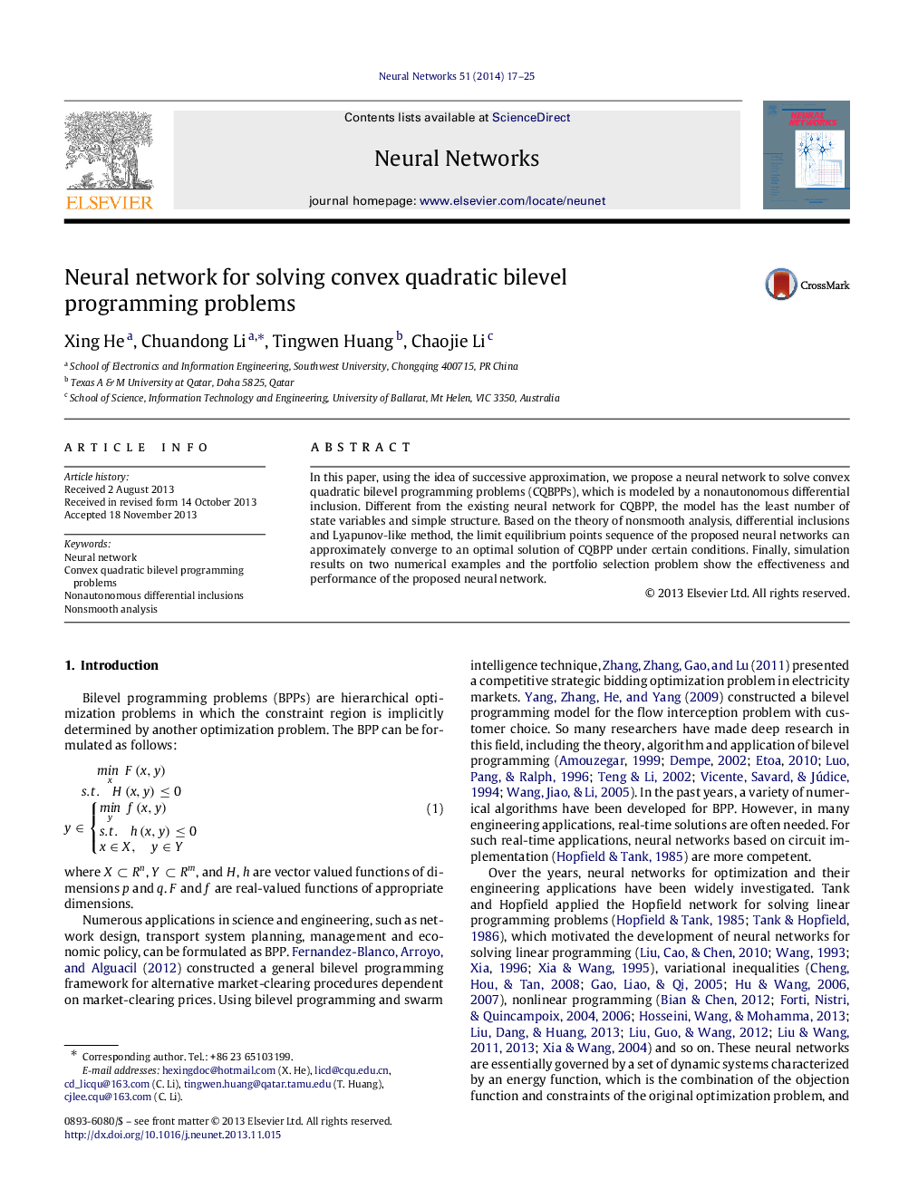 Neural network for solving convex quadratic bilevel programming problems