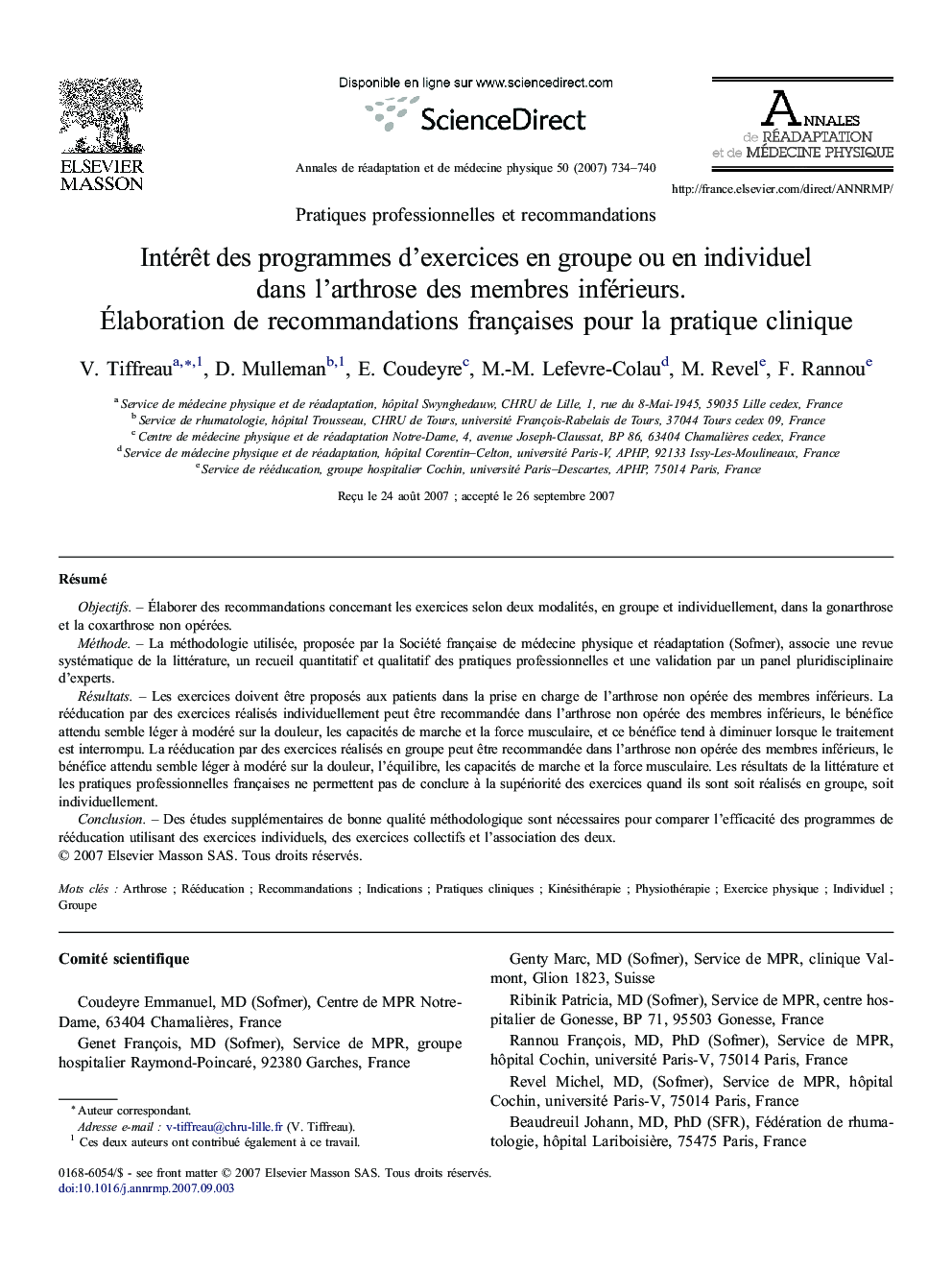 Intérêt des programmes d'exercices en groupe ou en individuel dans l'arthrose des membres inférieurs. Élaboration de recommandations françaises pour la pratique clinique