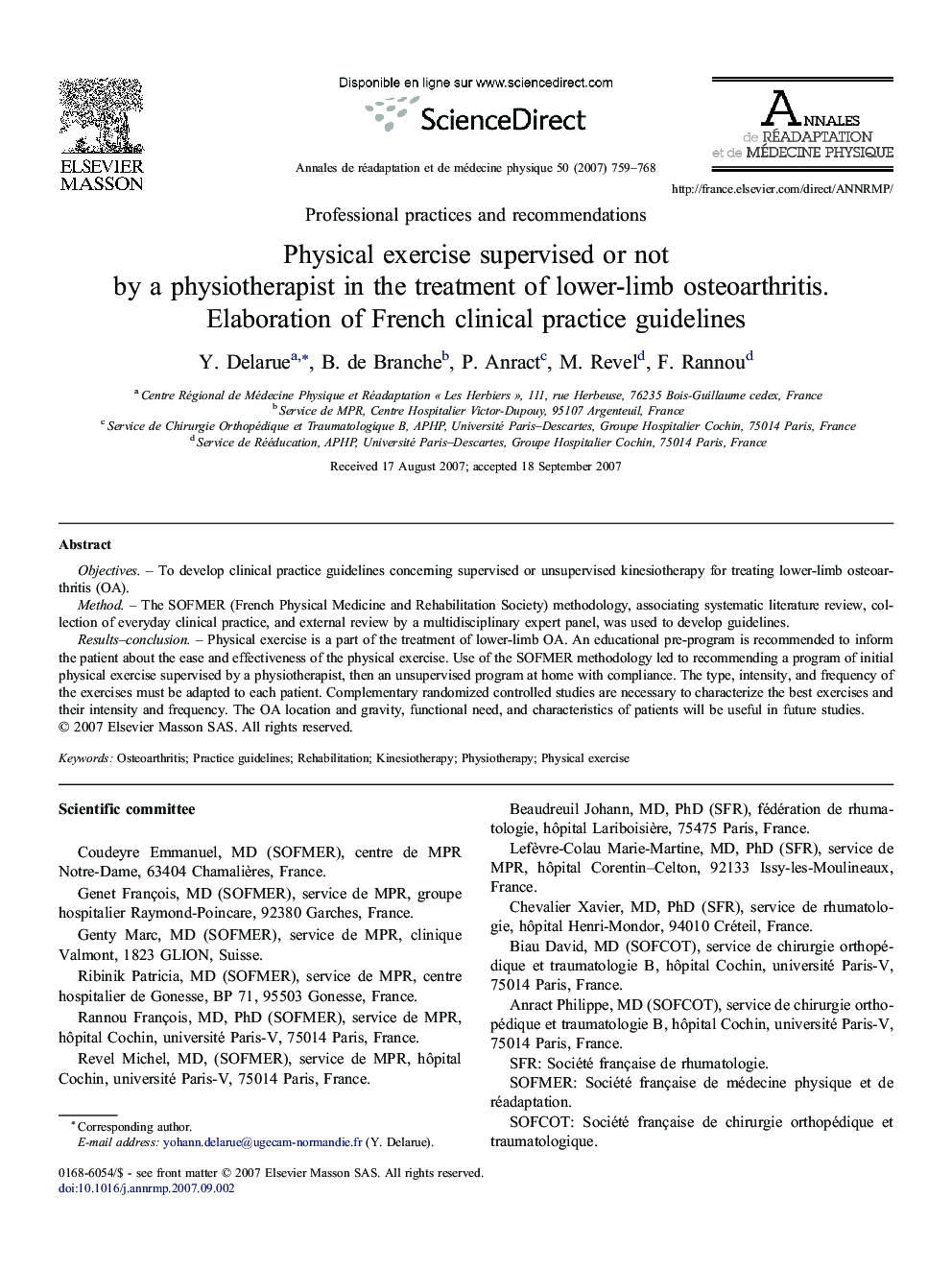 Physical exercise supervised or not by a physiotherapist in the treatment of lower-limb osteoarthritis. Elaboration of French clinical practice guidelines