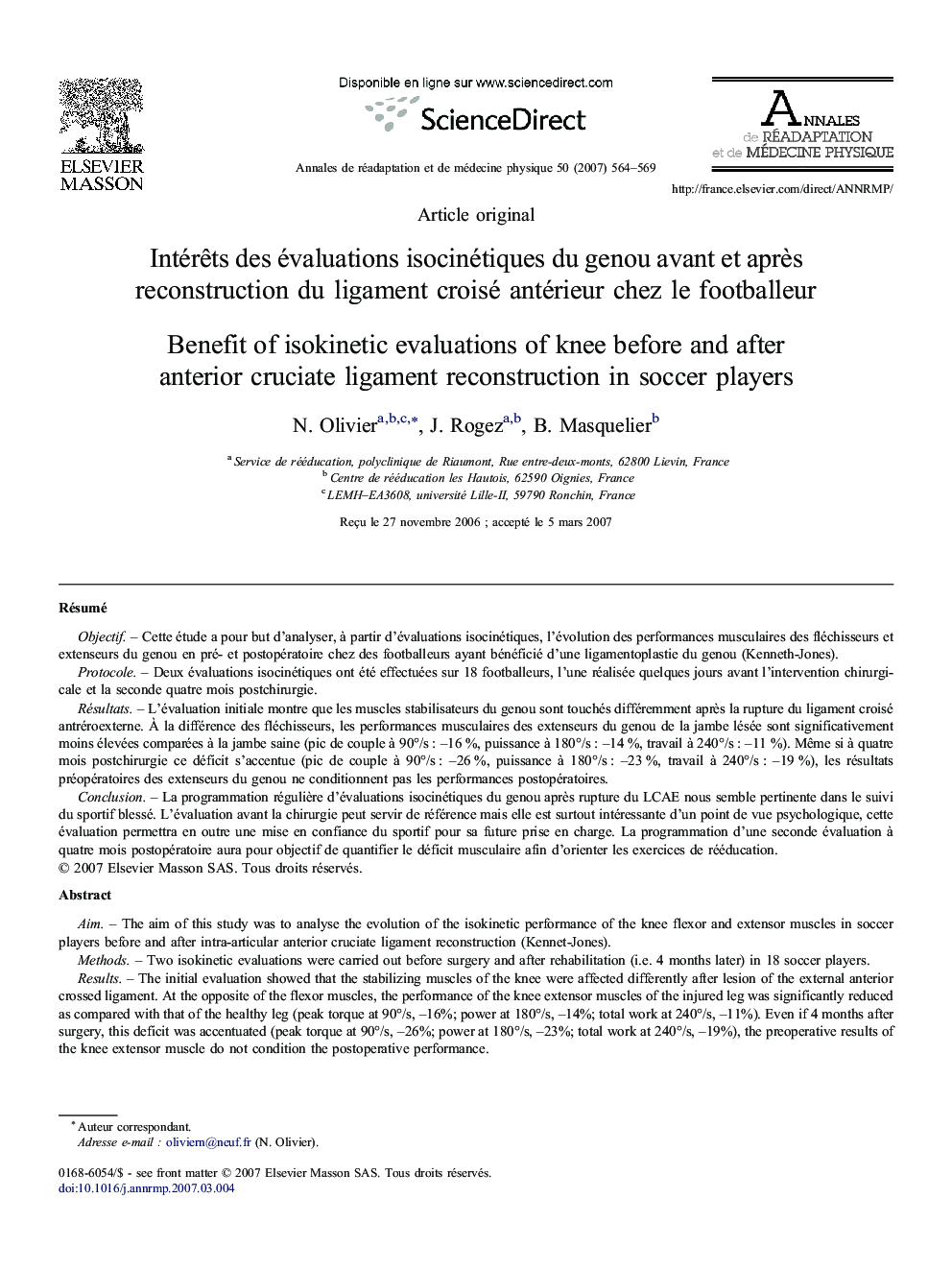 Intérêts des évaluations isocinétiques du genou avant et après reconstruction du ligament croisé antérieur chez le footballeur