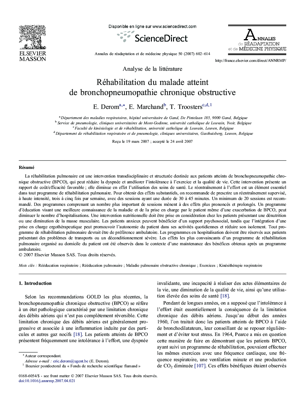 Réhabilitation du malade atteint de bronchopneumopathie chronique obstructive