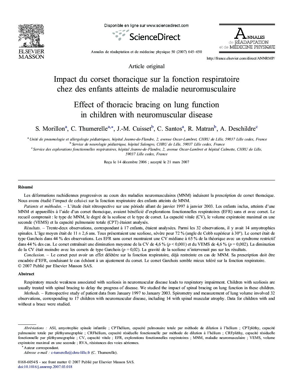 Impact du corset thoracique sur la fonction respiratoire chez des enfants atteints de maladie neuromusculaire