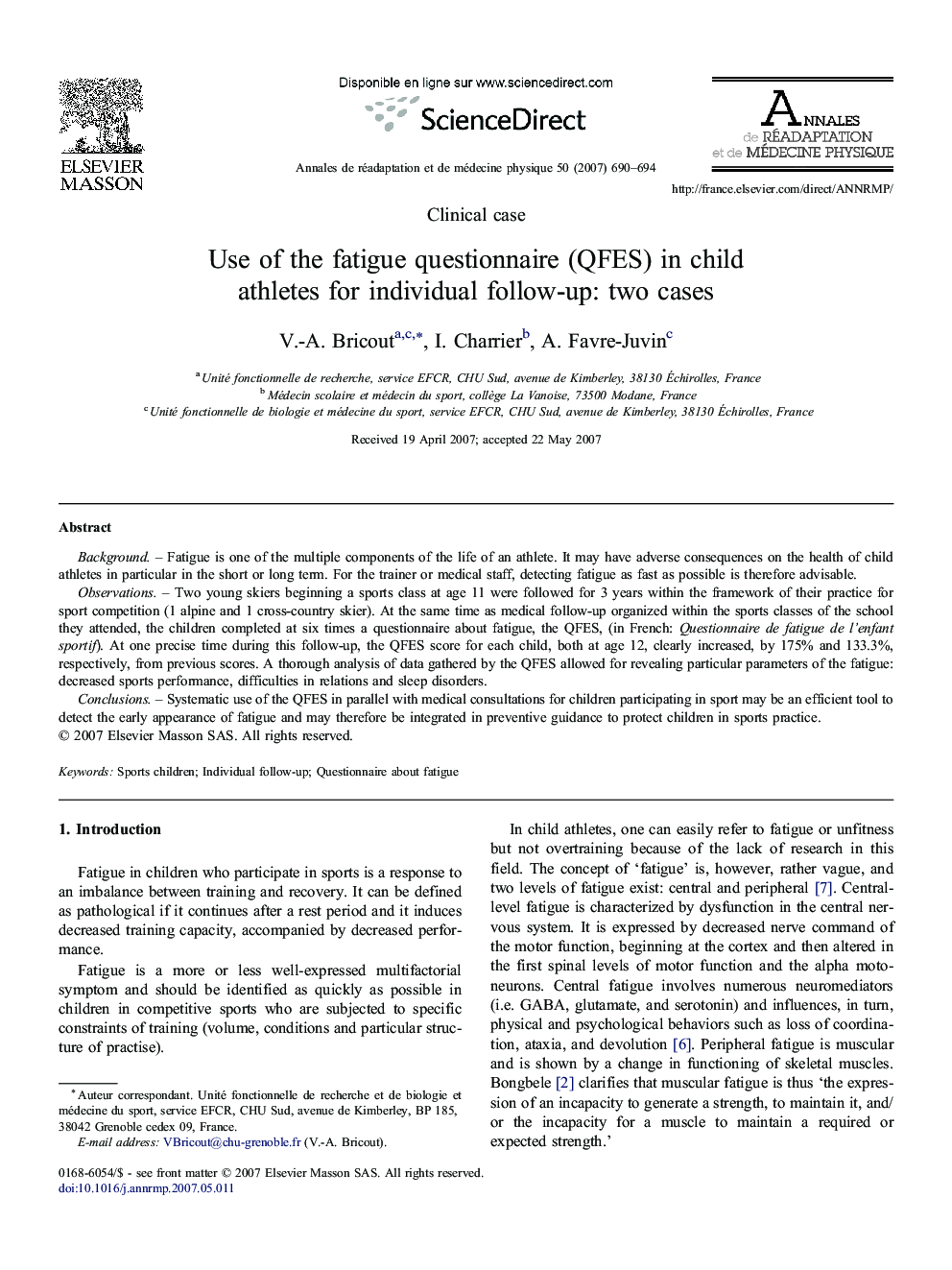 Use of the fatigue questionnaire (QFES) in child athletes for individual follow-up: two cases