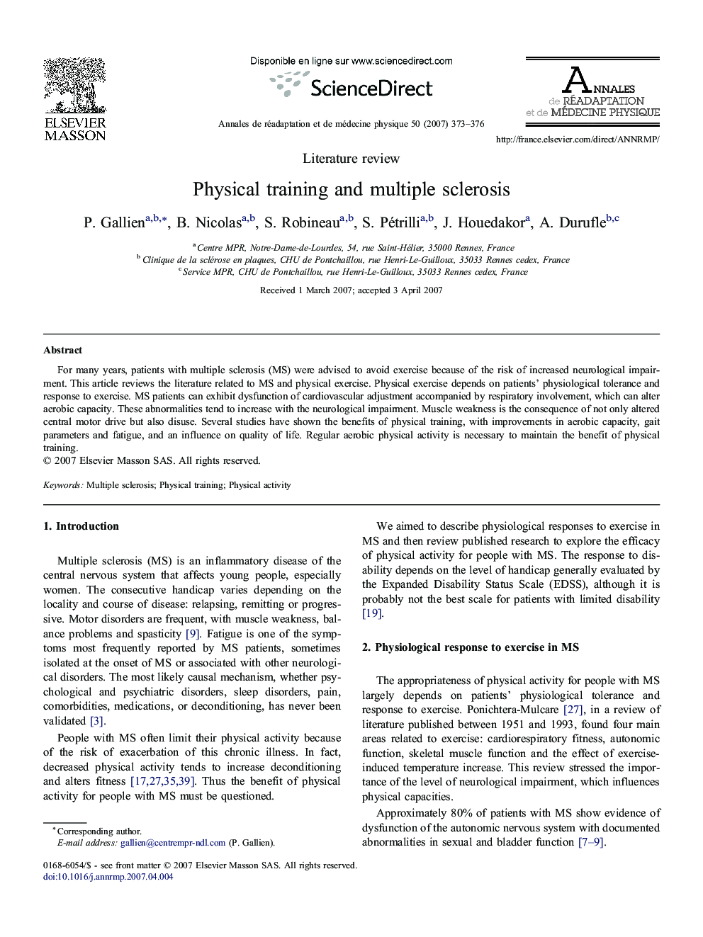 Physical training and multiple sclerosis