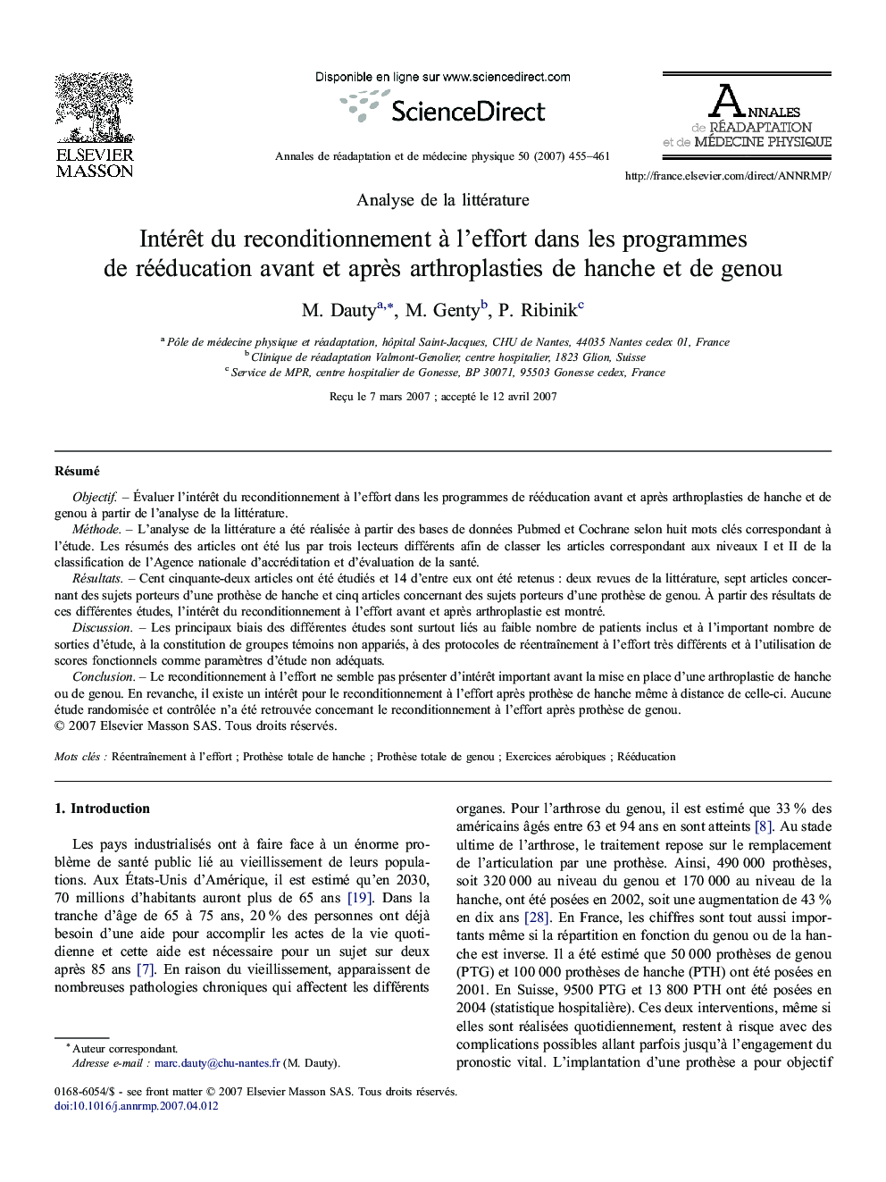 Intérêt du reconditionnement à l'effort dans les programmes de rééducation avant et après arthroplasties de hanche et de genou