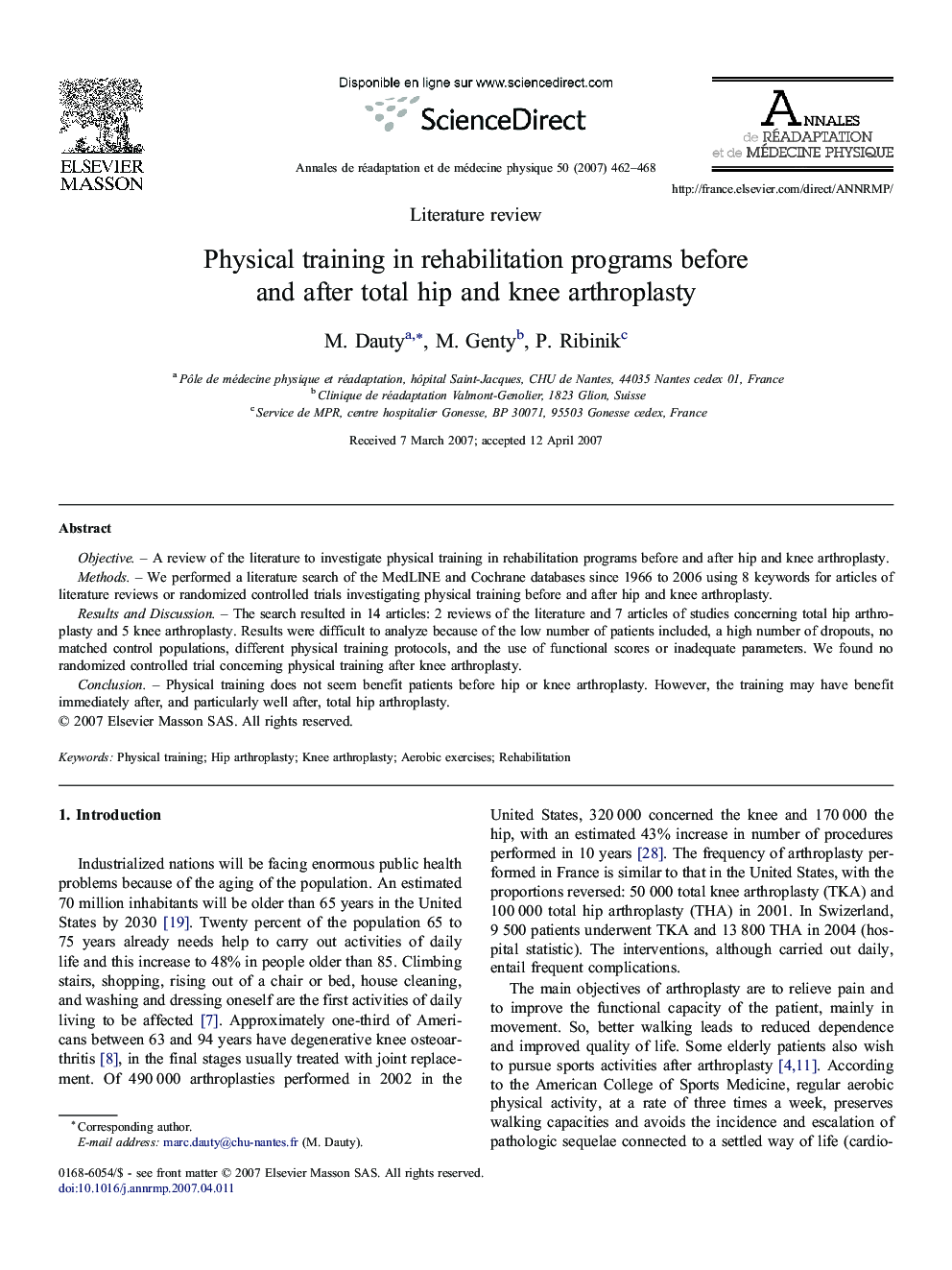 Physical training in rehabilitation programs before and after total hip and knee arthroplasty