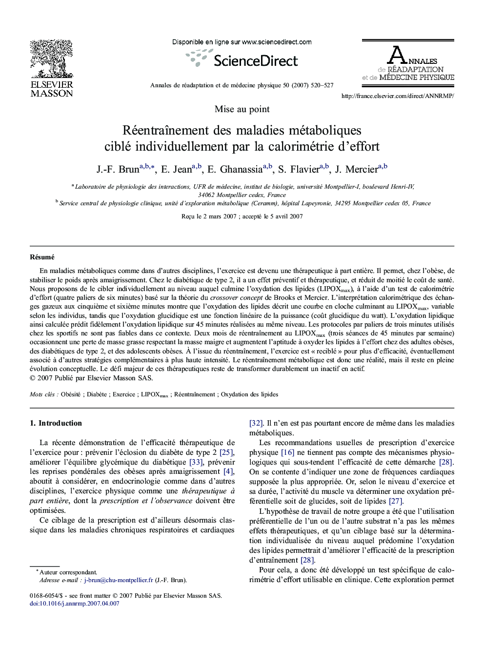 RéentraÃ®nement desÂ maladies métaboliques ciblé individuellement parÂ laÂ calorimétrie d'effort