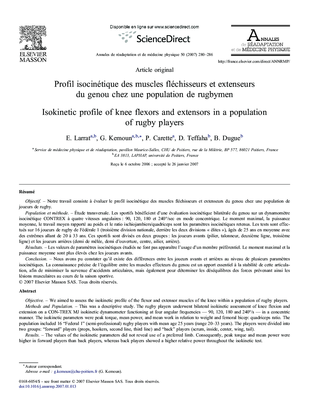 Profil isocinétique des muscles fléchisseurs et extenseurs du genou chez une population de rugbymen