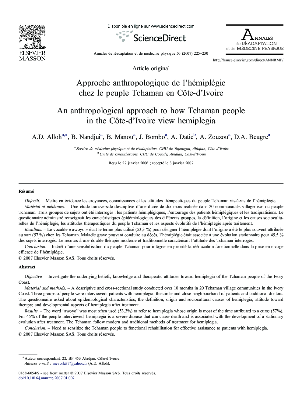 Approche anthropologique de l'hémiplégie chez le peuple Tchaman en Côte-d’Ivoire