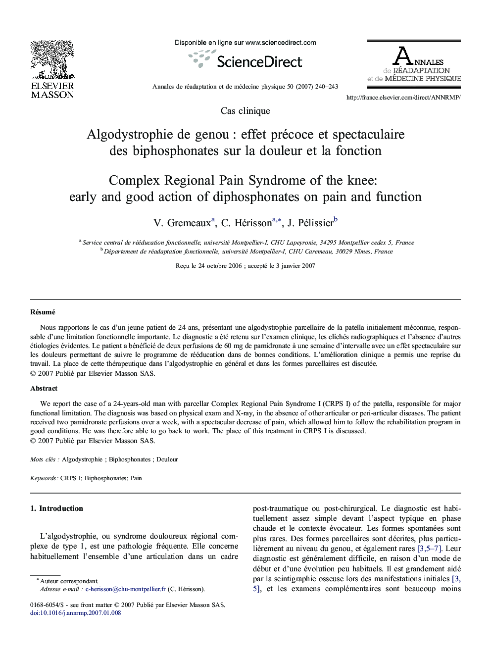 Algodystrophie de genou : effet précoce et spectaculaire des biphosphonates sur la douleur et la fonction