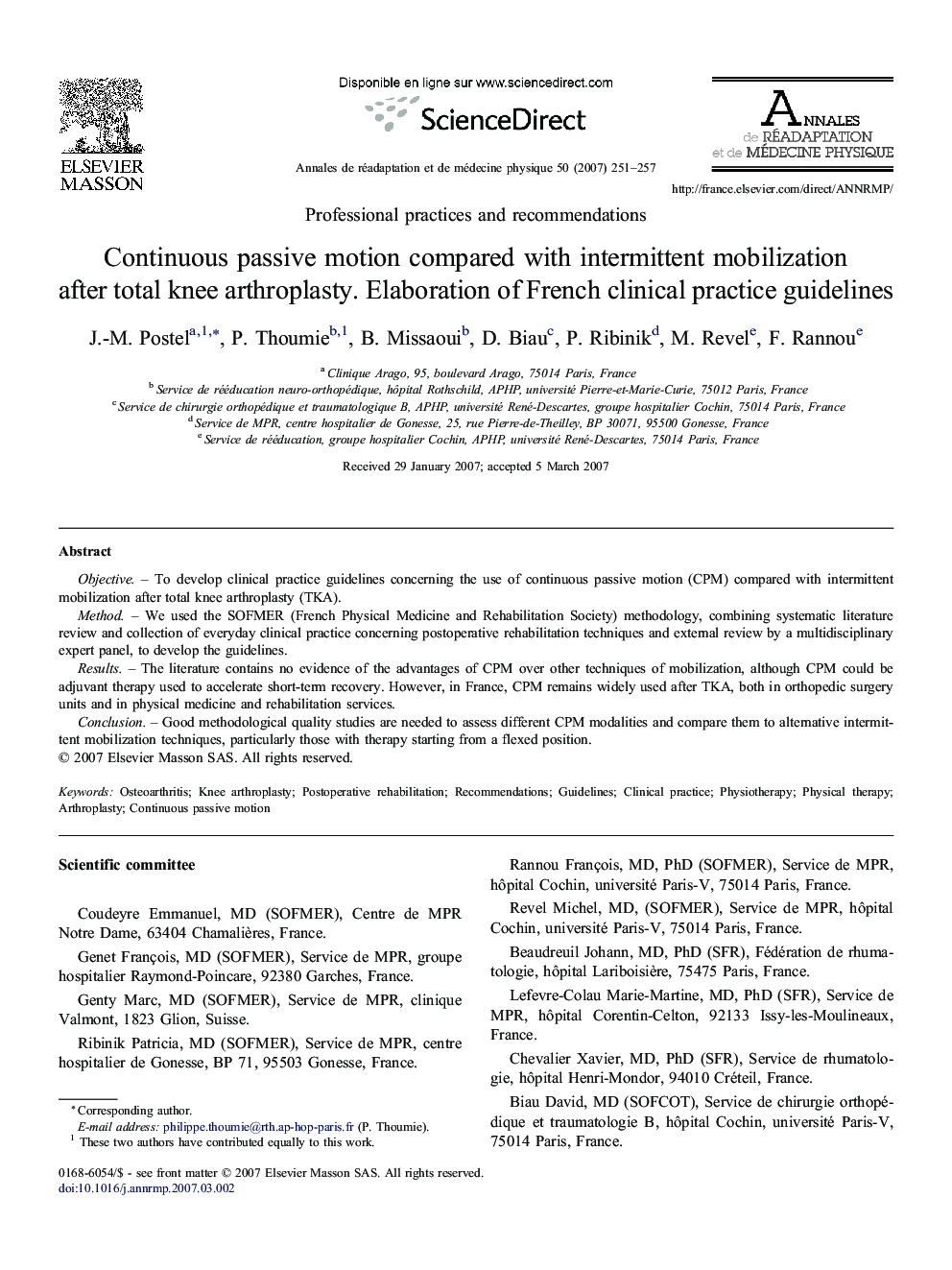 Continuous passive motion compared with intermittent mobilization after total knee arthroplasty. Elaboration of French clinical practice guidelines