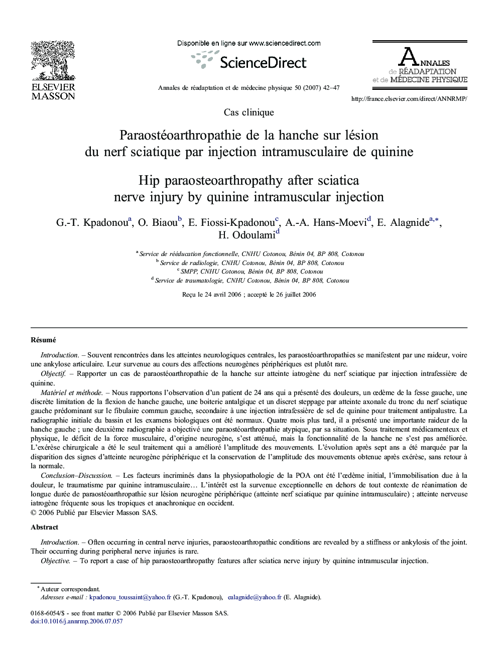 Paraostéoarthropathie de la hanche sur lésion du nerf sciatique par injection intramusculaire de quinine