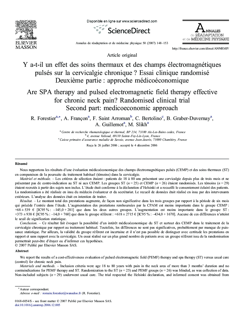 Y a-t-il un effet des soins thermaux et des champs électromagnétiques pulsés sur la cervicalgie chronique ? Essai clinique randomisé: Deuxième partie : approche médicoéconomique