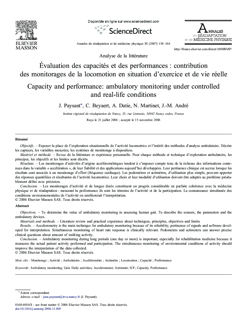 Évaluation des capacités et des performances : contribution des monitorages de la locomotion en situation d'exercice et de vie réelle