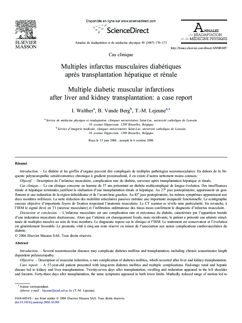 Multiples infarctus musculaires diabétiques aprÃ¨s transplantation hépatique etÂ rénale