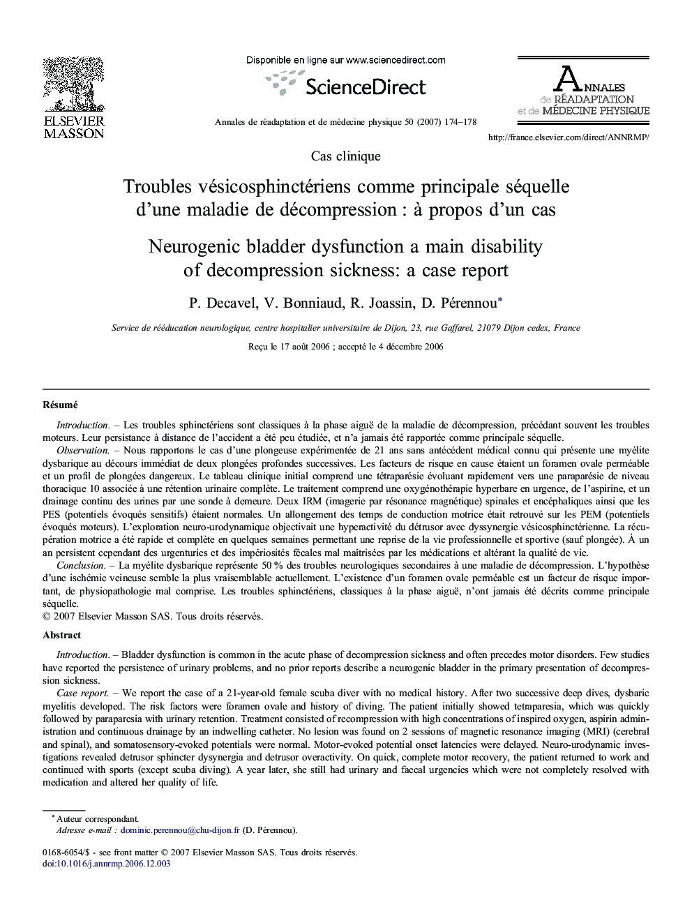 Troubles vésicosphinctériens comme principale séquelle d'une maladie de décompression : à propos d'un cas