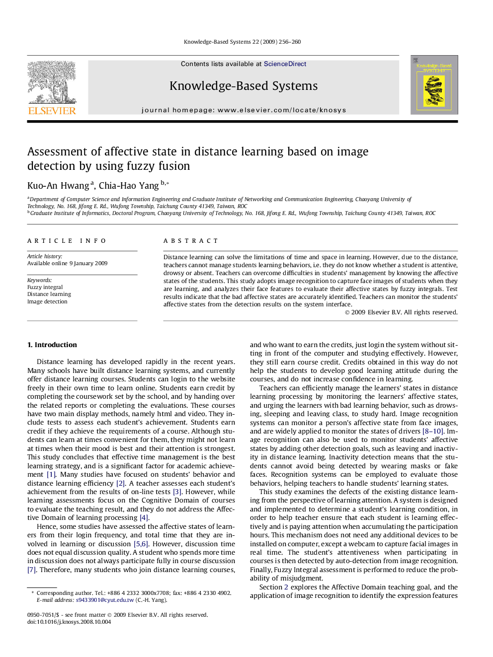 Assessment of affective state in distance learning based on image detection by using fuzzy fusion