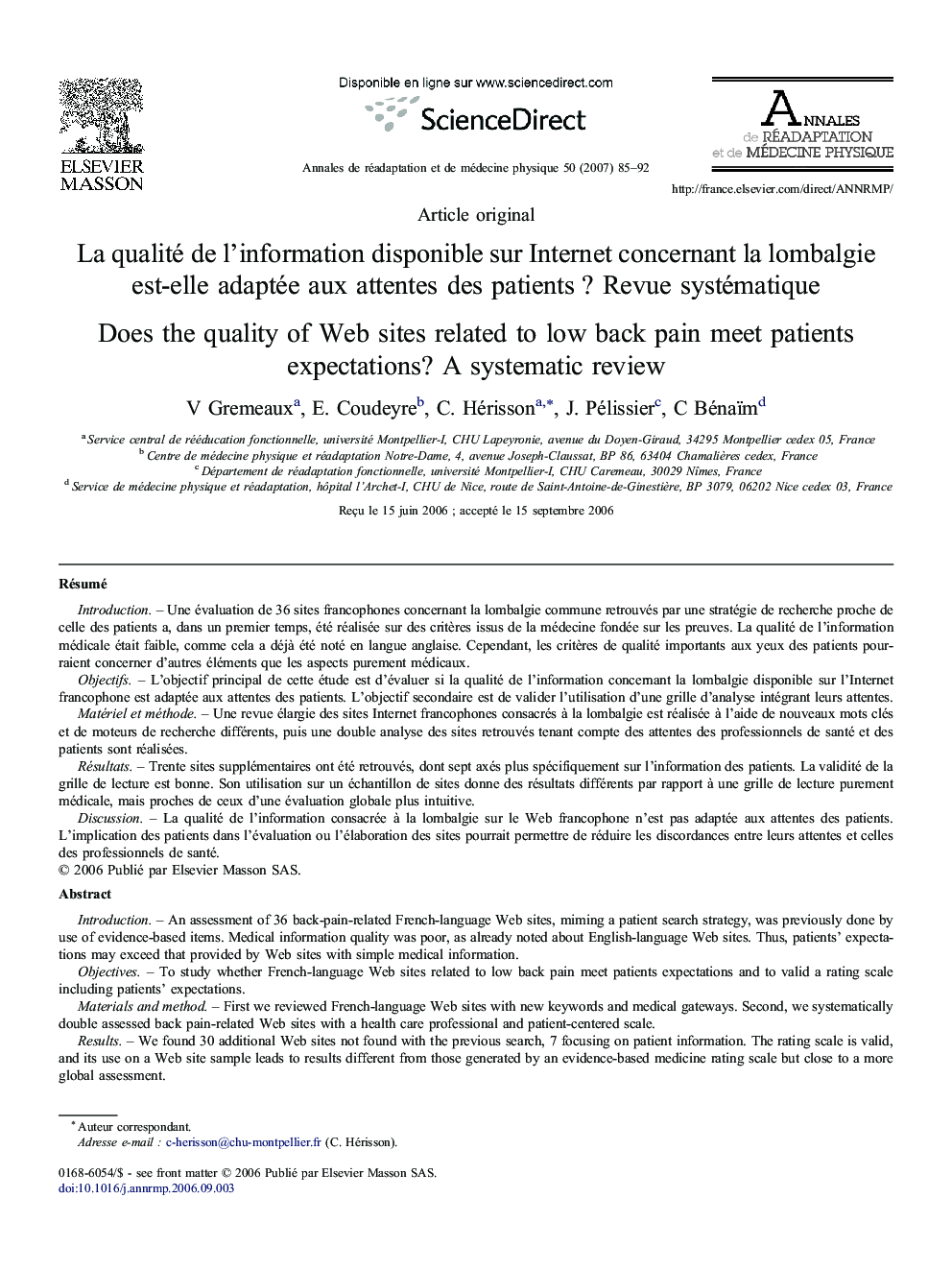 La qualité de l'information disponible sur Internet concernant la lombalgie est-elle adaptée aux attentes des patients ? Revue systématique