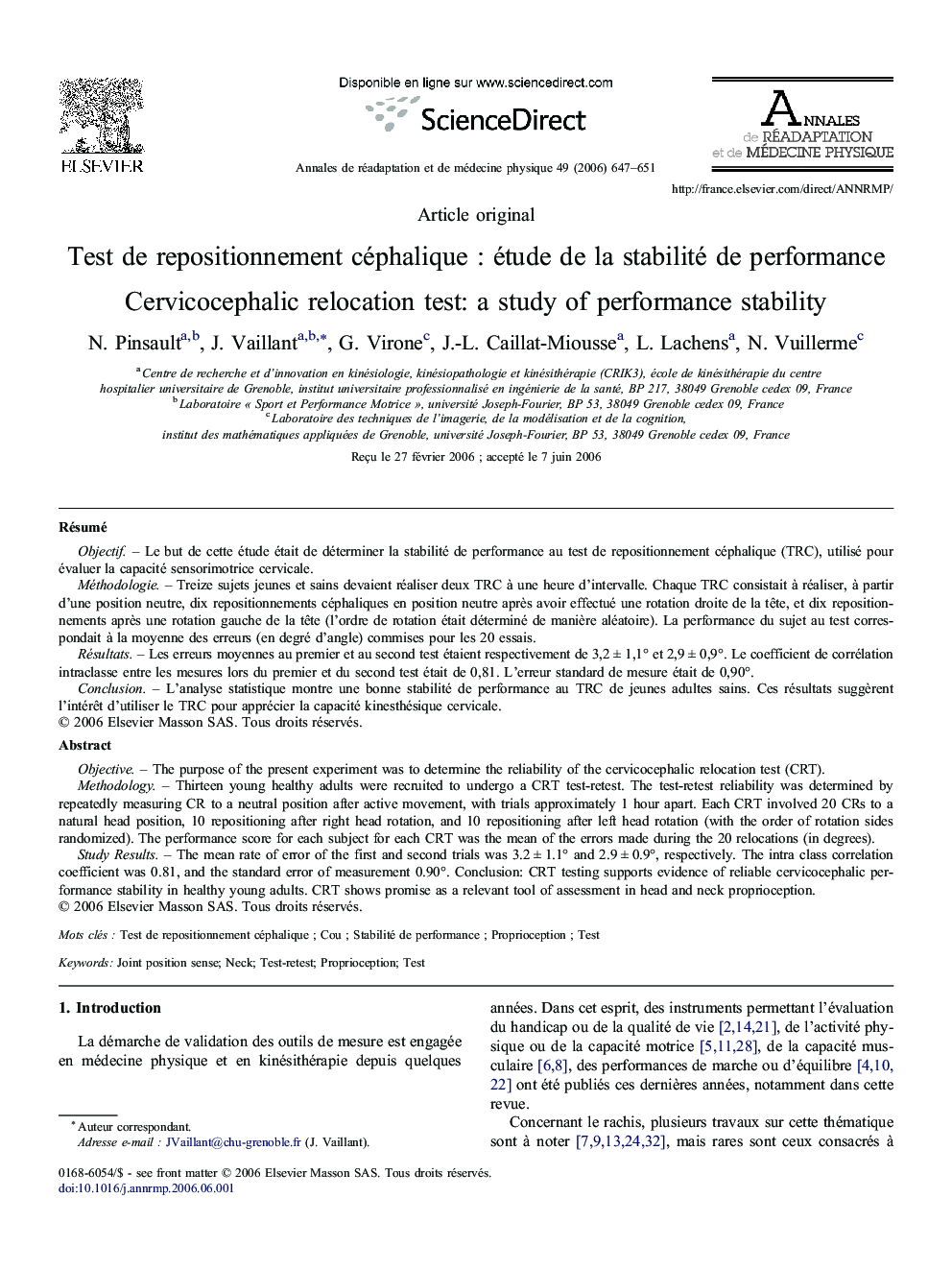 Test de repositionnement céphalique : étude de la stabilité de performance