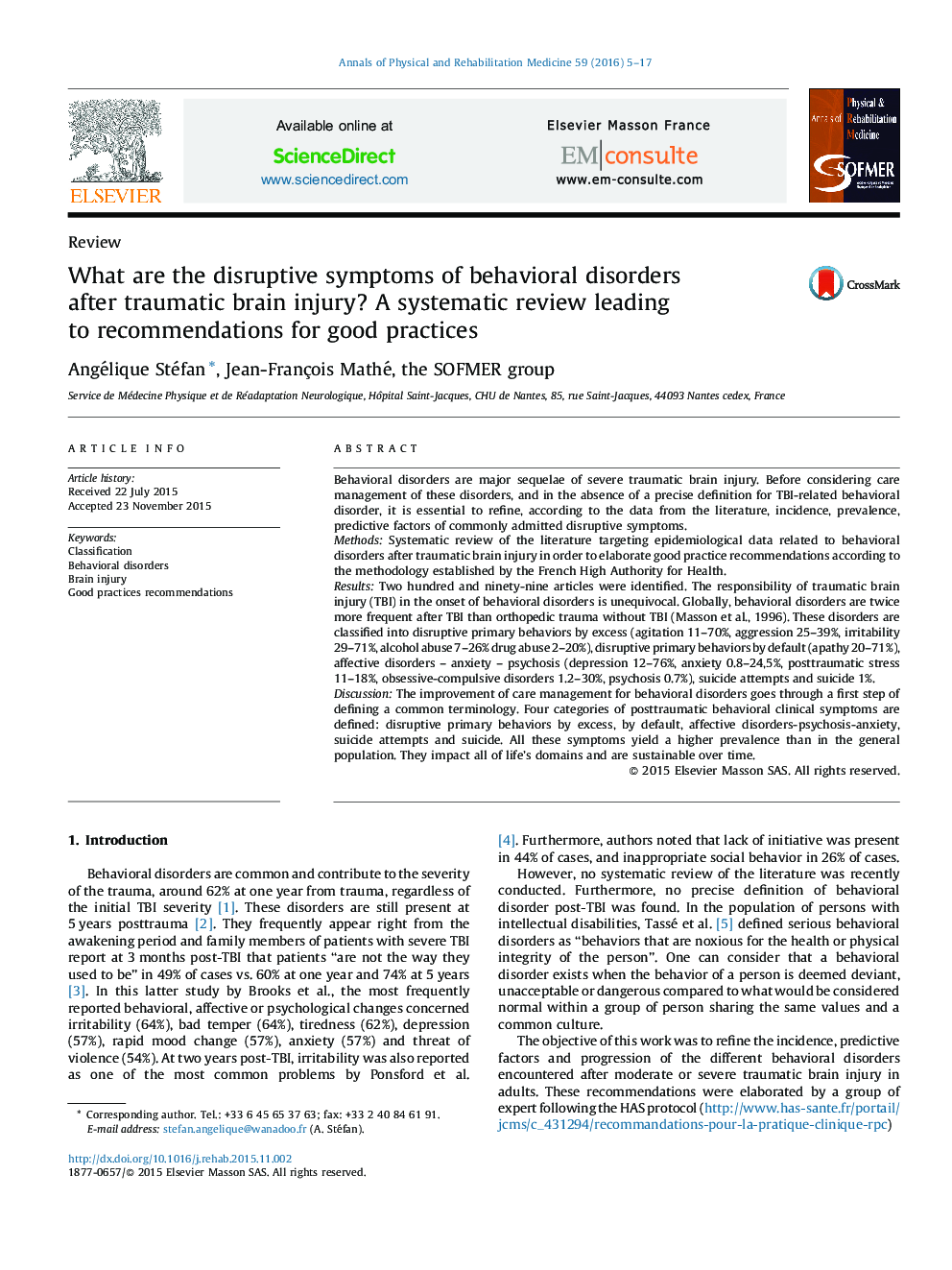 What are the disruptive symptoms of behavioral disorders after traumatic brain injury? A systematic review leading to recommendations for good practices