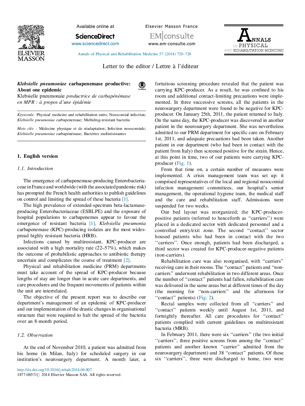 Klebsielle pneumoniae carbapenemase productive: About one epidemic